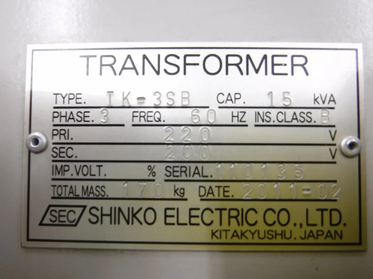 Shinko Electric TK-3SB Transformer 220V→200V Detail Image - ASKINDEX Korea